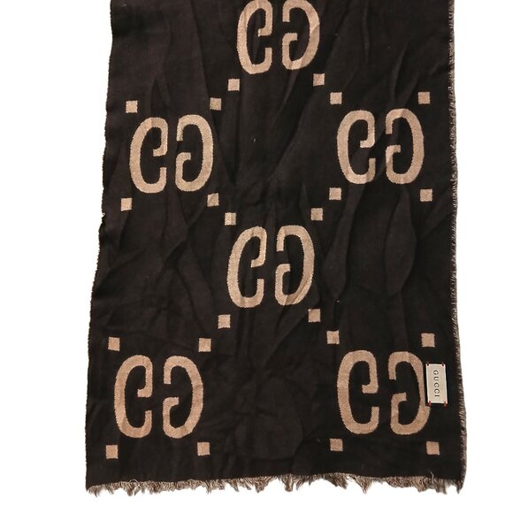 Gucci Chocolate Brown & Tan Reversible Big GG Logo Print Scarf Vintage Pre-Owned - Picture 4 of 7
